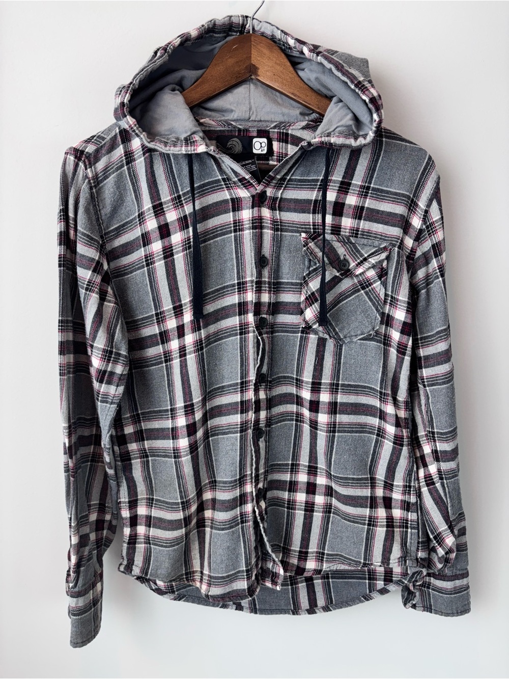 OP Ocean Pacific Men’s S 34/36 Plaid Hooded Flannel Shirt Gray Black Red